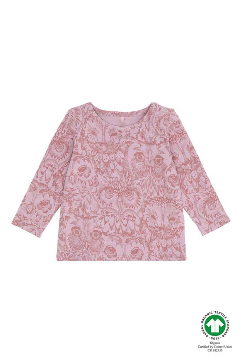 Mauve Shadows AOP Owl Lavender baby Bella T-shirt fra Soft Gallery til børn - Lillepip.dk